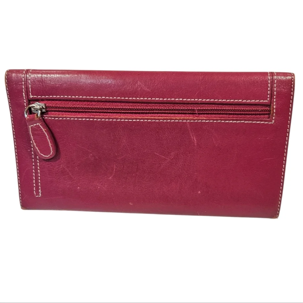 AMO Genuine Leather Wallet Clutch – Deep Berry Red, Snap & Zip, ID Window